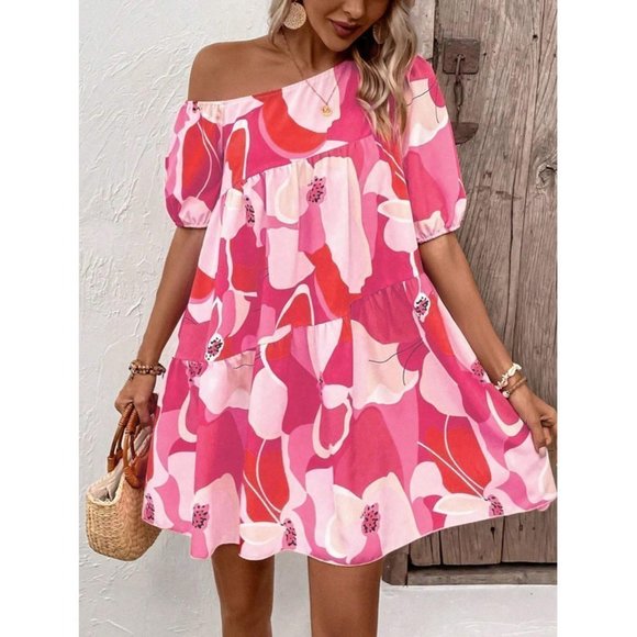 Boho Oversized Floral Mini Dress Mini Pink - Picture 2 of 7